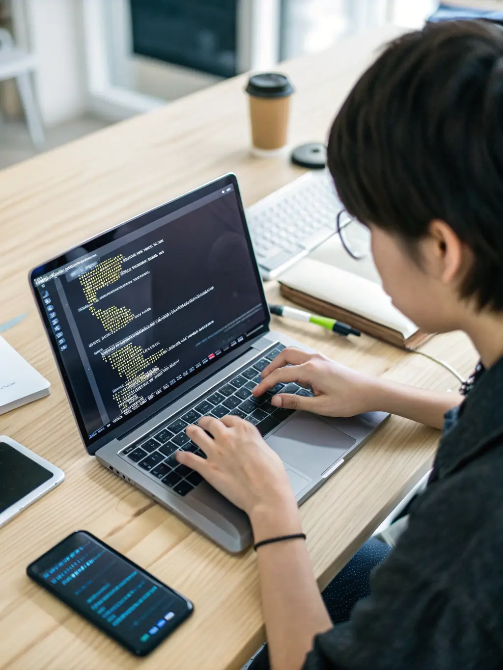 A developer writing JavaScript code in a modern code editor, emphasizing the dynamic nature of the language.