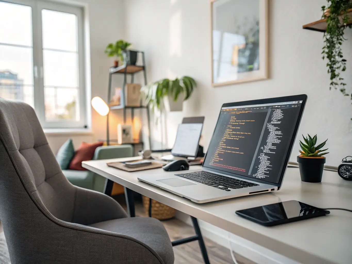 A Python developer working on code in a modern office environment in London, UK, showcasing the practical application of Python skills in a real-world setting.