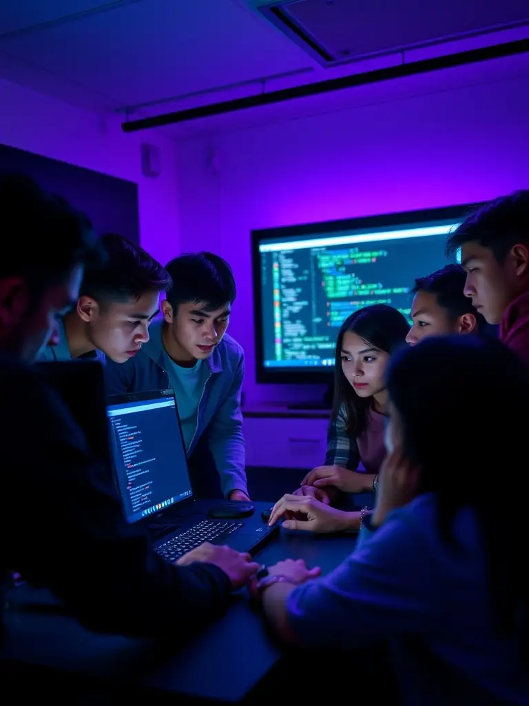 A group of students collaborating on a coding project, highlighting the collaborative learning environment.
