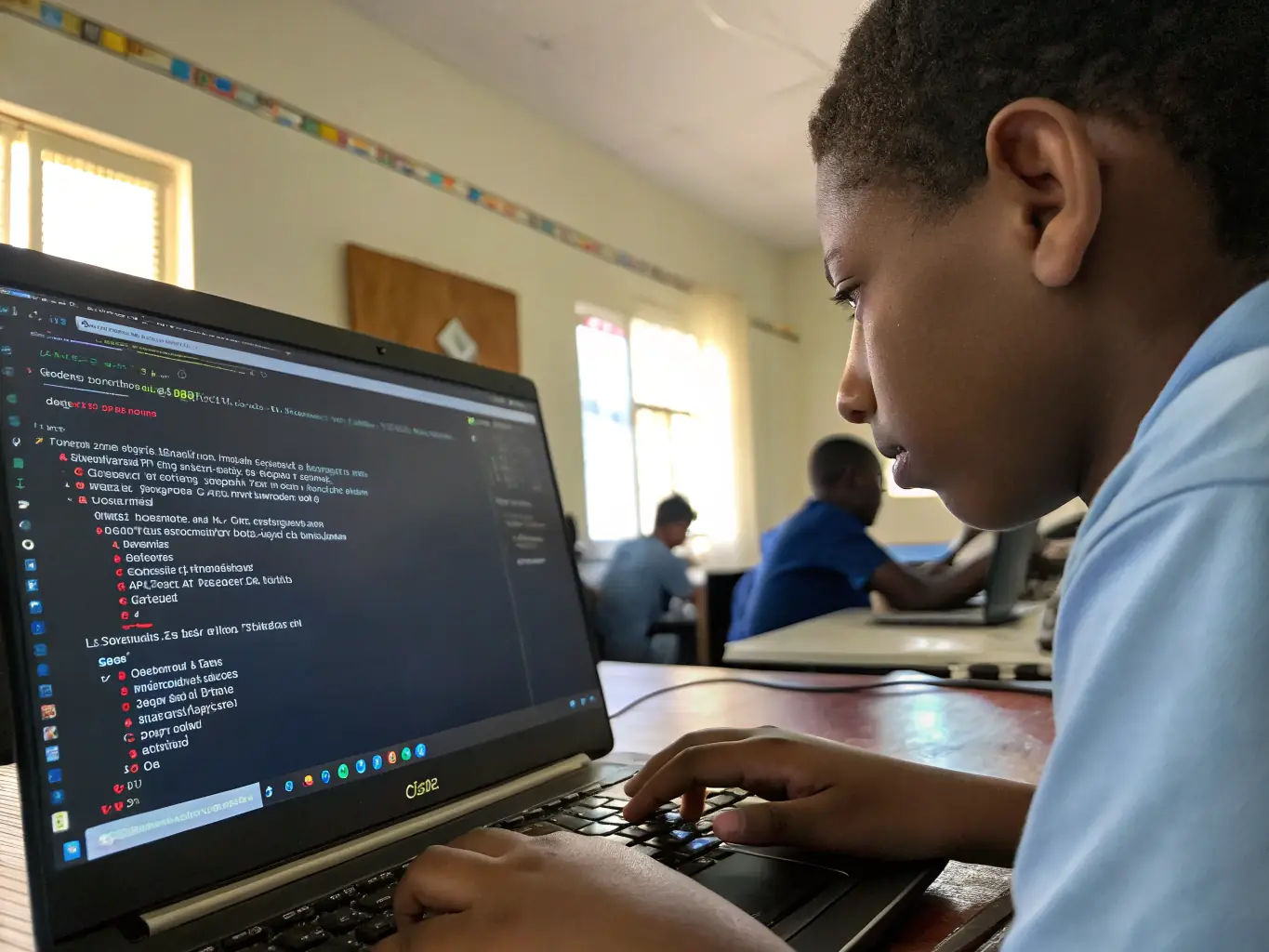 A student is coding JavaScript on a laptop in a modern classroom setting, with other students collaborating in the background. The atmosphere is focused and collaborative, reflecting a practical learning environment.